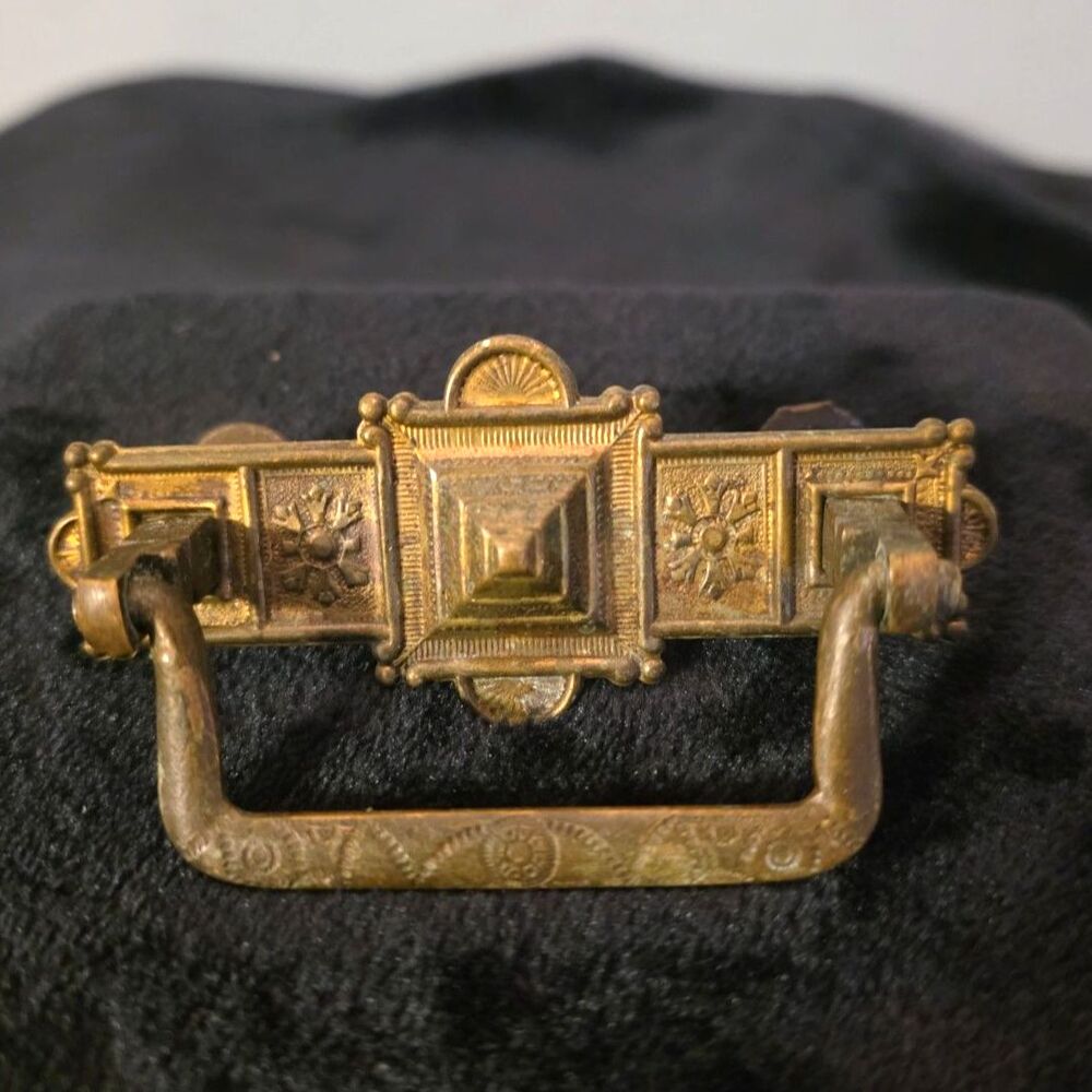 Antique Eastlake Pressed Ornate Brass Drop Bail Pull Drawer Handle 2.5" CTC
